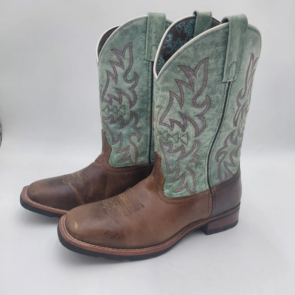 Laredo Womens 9.5 M Anita 5607 Brown Turquoise Wide Square Toe Cowboy Boots